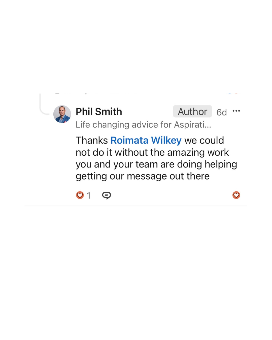 Comment from Phil Smith thanking Roimata Wilkey and the team for the work getting their message out there.