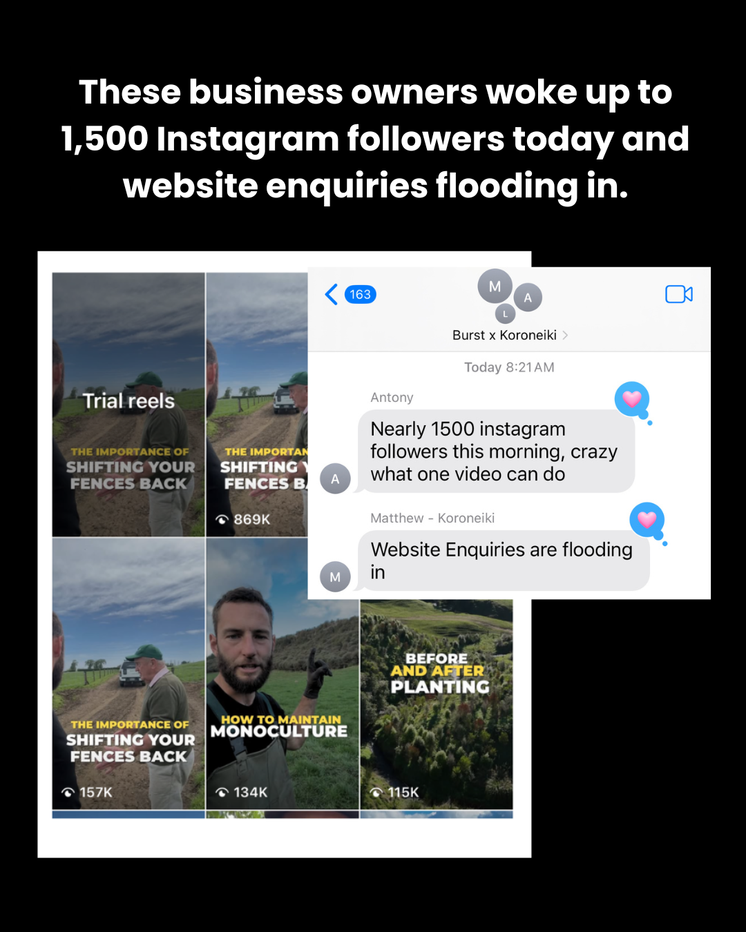 These business owners woke up to 1,500 Instagram followers and website enquiries flooding in, shown as messages from the Koroneiki team.